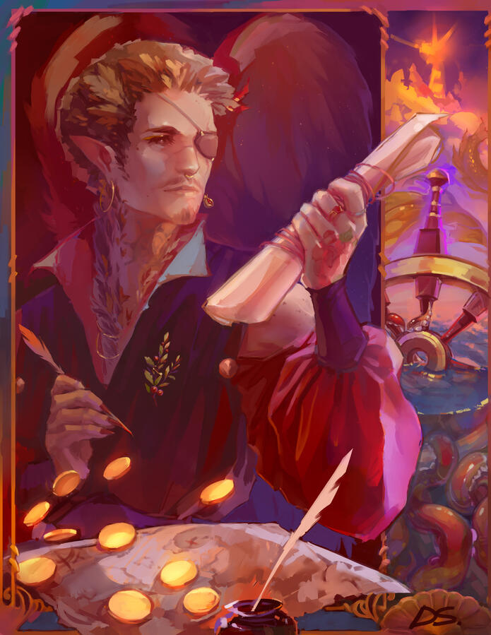 Portrait of a harpy pirate posed along maps and coins, holding a scroll in his raised hand and a quill in another. Frame around him includes a painterly panel depicting a distant lighthouse, a drowning ship wheel and sea monsters