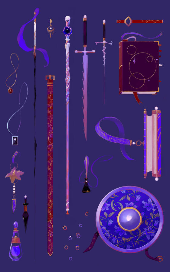 inventory of items on plain dark blue background, including a rapier shaped like an ink pen spouting ink, a staff, 2 daggers, spellbook with a bookmark, belt, scroll case, shield, inkwell, two potion bottles, and assorted jewelry