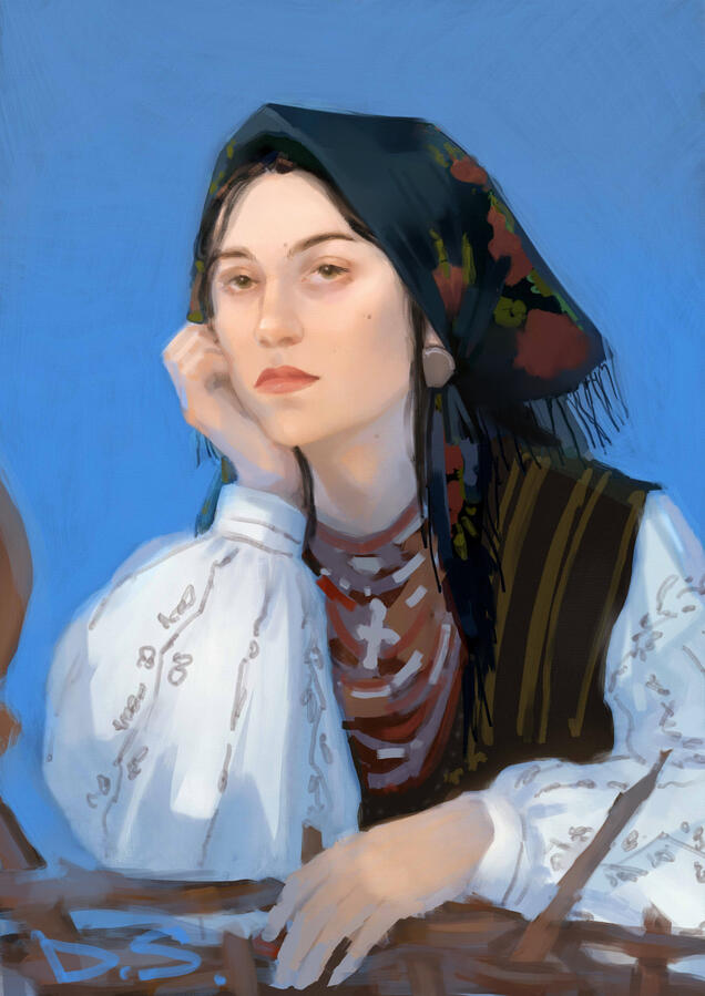 Portrait of a woman in traditional Ukrainian clothes, black floral headscarf and jewelry, leaning onto the fence. The sky is blue behind her. She looks tired