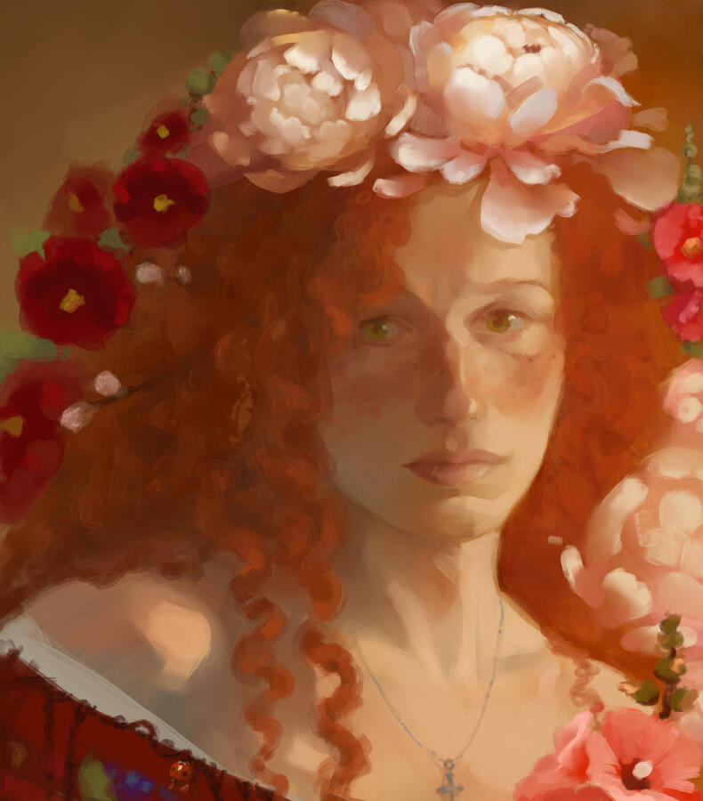 Portrait of a young ginger woman with peonies, hollyhocks and twigs in her wild curly hair. She is looking straight on with somewhat unsure expression, wrapping herself in a dark red flower pattern shawl.