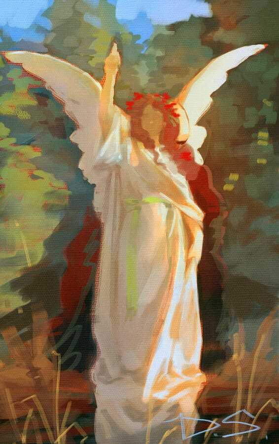 Impressionist painting of a woman in long white dress and floor length dark hair. A swan is curled around her shoulders, giving her an illusion of having wings