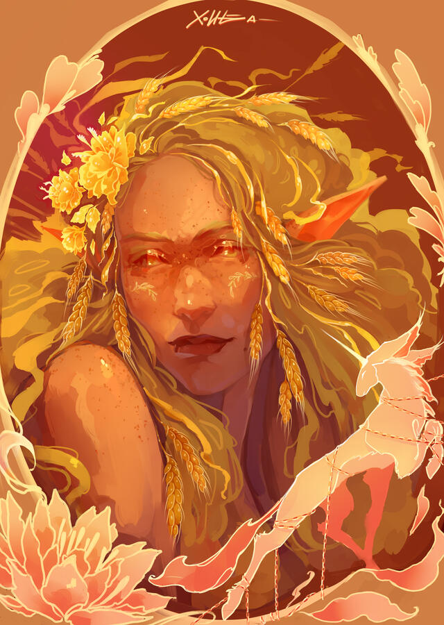Portrait of a fey with green hair with ears of grain in it, in a frame with a chained unicorn element