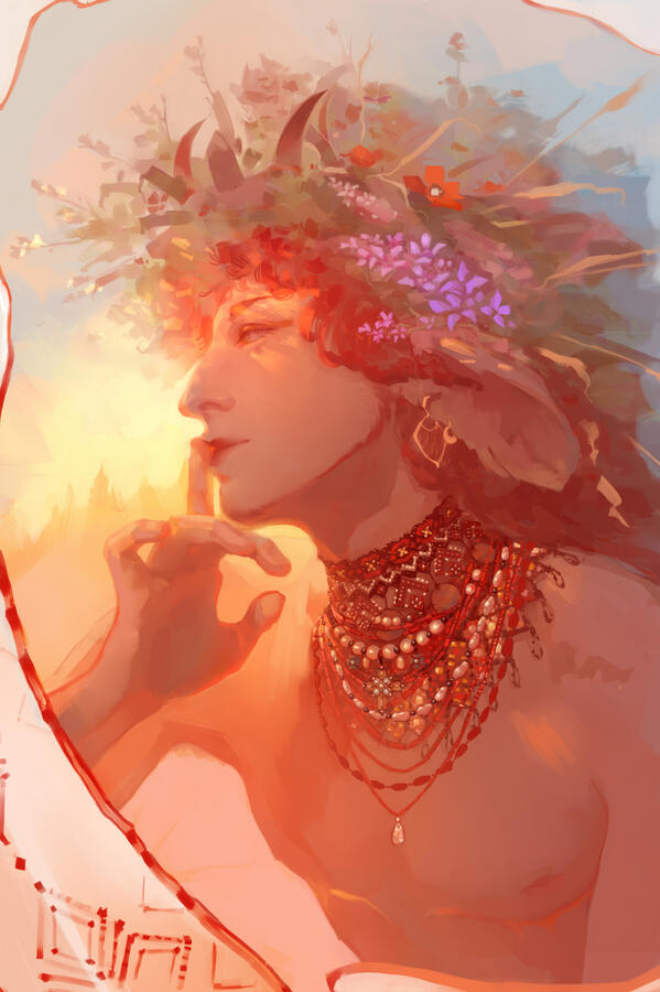 Portrait of a satyr during dawn. A big flower crown rests on top of his long, curly reddish-brown hair. He wears nothing but Ukrainian folk jewelry. Lightly he presses his left index finger to his lips.