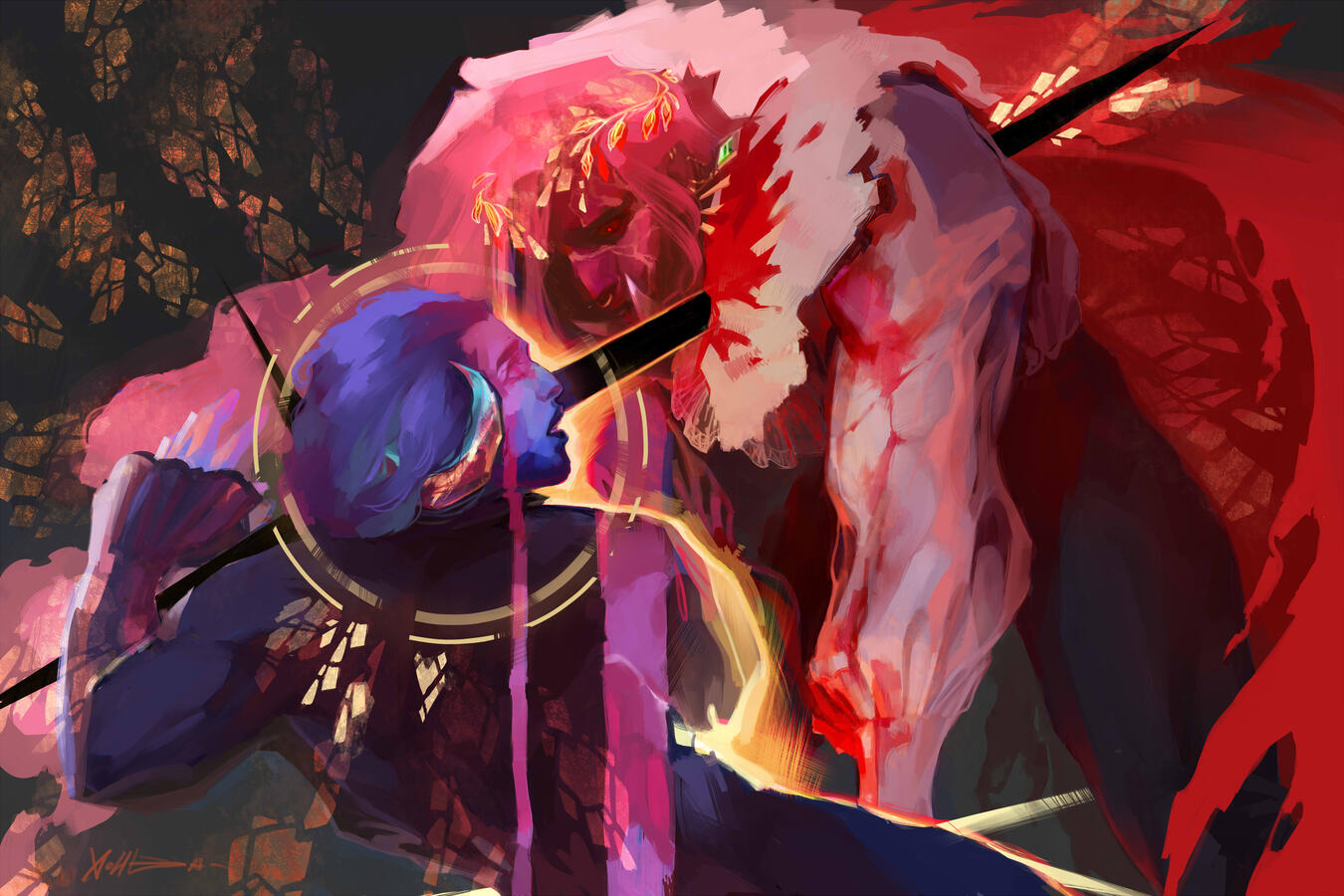 Two characters posed in a swordfight. One is in blues and the other in pinks and reds