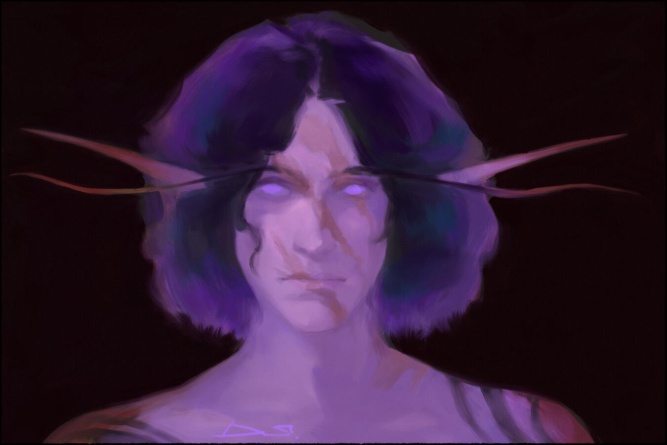 A portrait of a WoW void elf woman on a dark background.