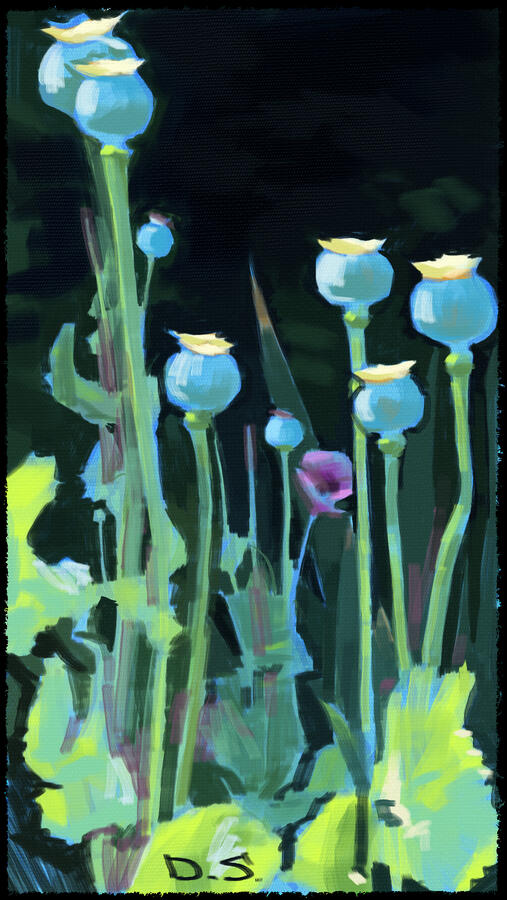 Blue-heavy painting study of poppy seedboxes