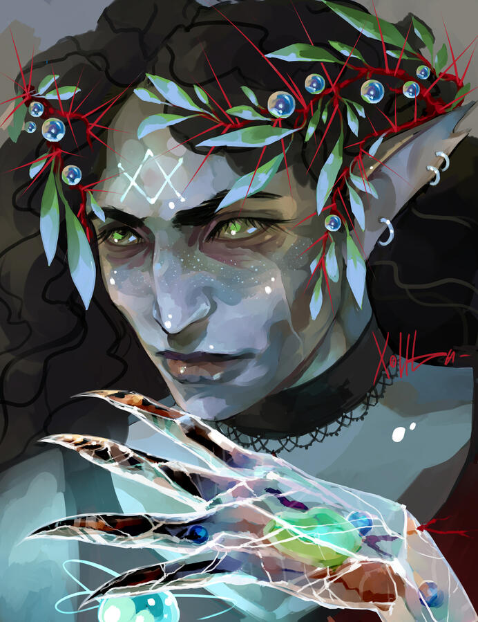 Portrait of a witch in a crown of thorns and berries casting a spell with a hand made of glittering ice.