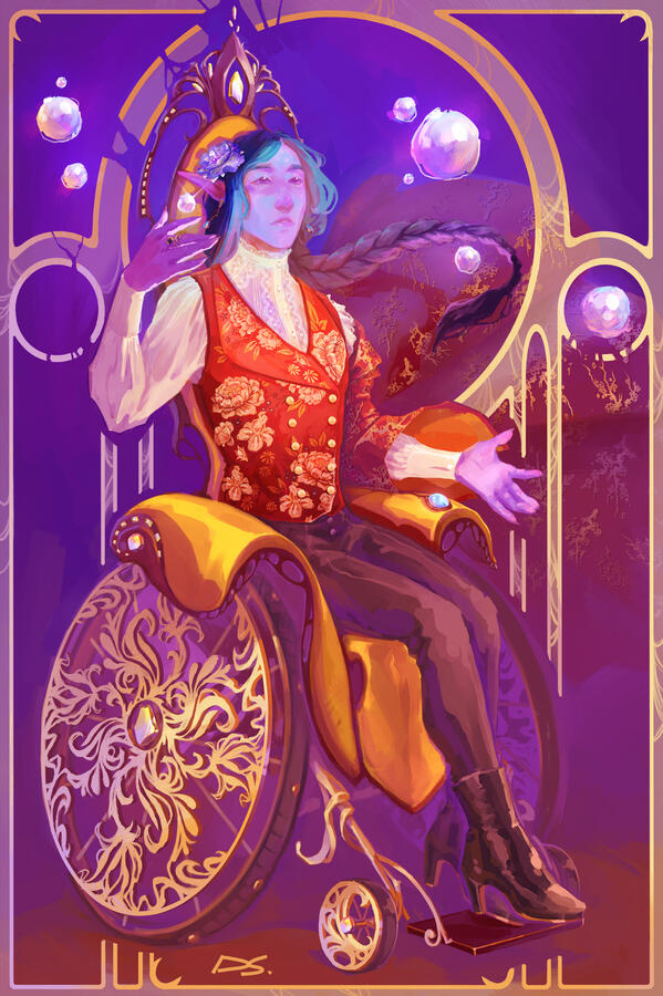 Full body illustration of a slender purple elf in an elaborate gilded wheelchair, casting a spell.