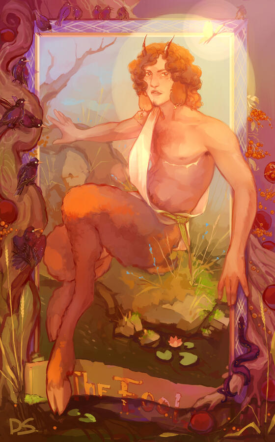 Full body illustration of a satyr chasing a butterfly into the bog, a variation on the Fool tarot card imagery. A pack of starlings watch the character from the frame. There's a sun disk halo behind his head.