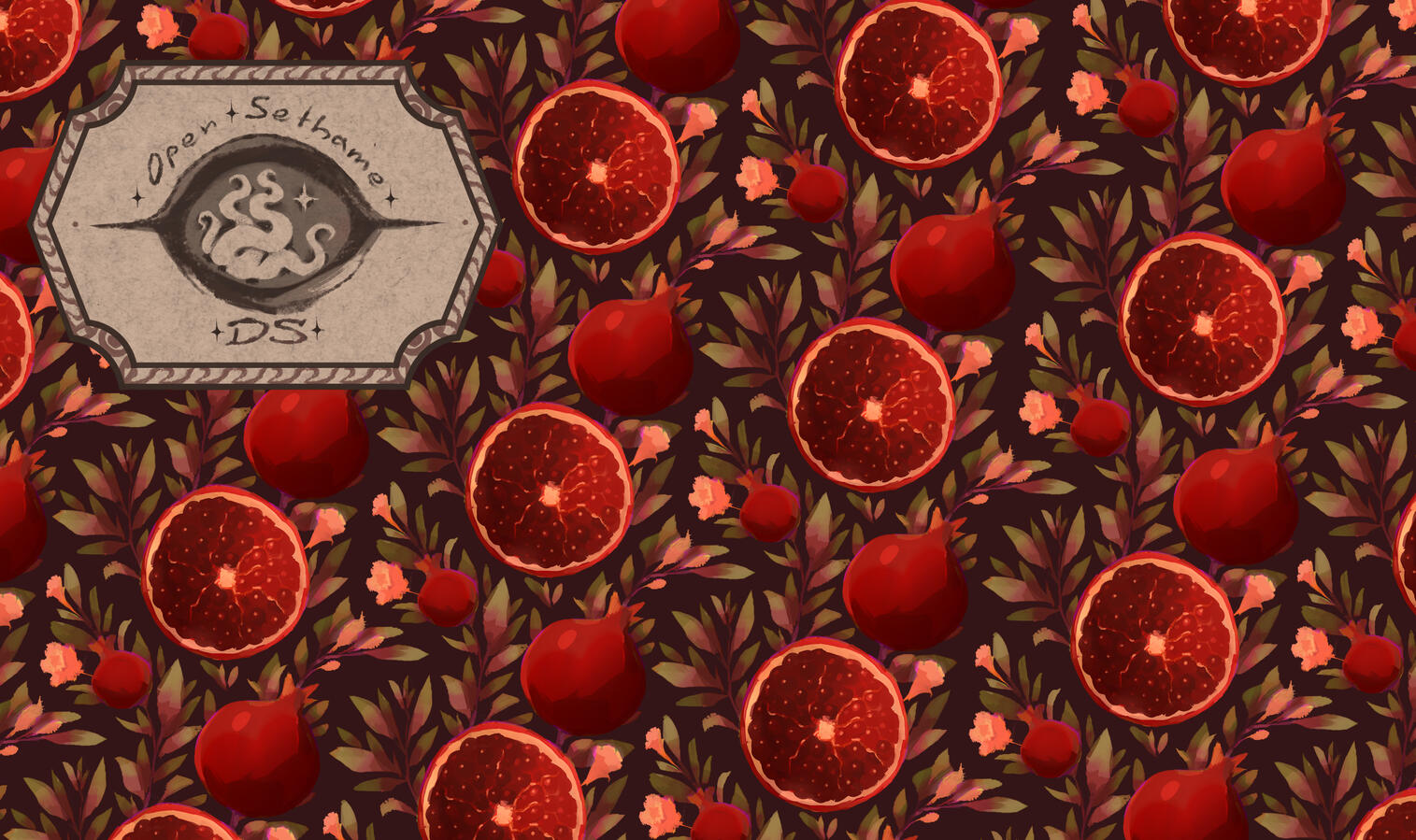 A maximalist fabric pattern of pomegranates