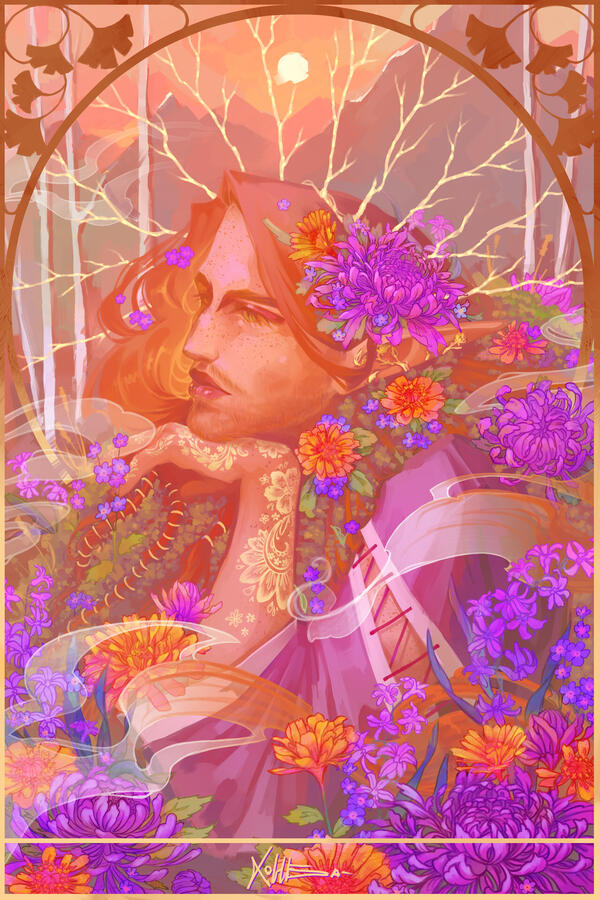 A waist-up art commission in a maximalist pre-raphaelite style of a ginger eladrin surrounded by flowers. The image is in a gold frame with art nouveau gingko leaves in the corners and a simple halo around the character