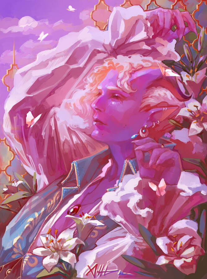A bust of a blonde purple tiefling reclining artfully in a bed of lillies. White butterlies are fleeting about, the background is a lilac sky with a stained glass design