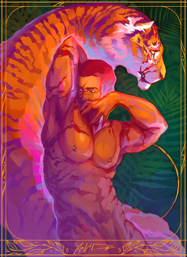Thighs-up painting of a nude muscular man and a tiger. the man has one arm raised up and behind his head and the other posed claw-like in front of his face. The tiger is behind him, body posed in a way that mirrors the arch of the man's body.