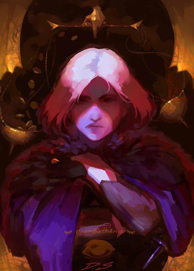Bust painting of a rogue on a dark smoky background, surrounded by a chunky gold frame like an icon. Behind their head is a golden scale, spilling coins. They are holding a dagger and a coin.