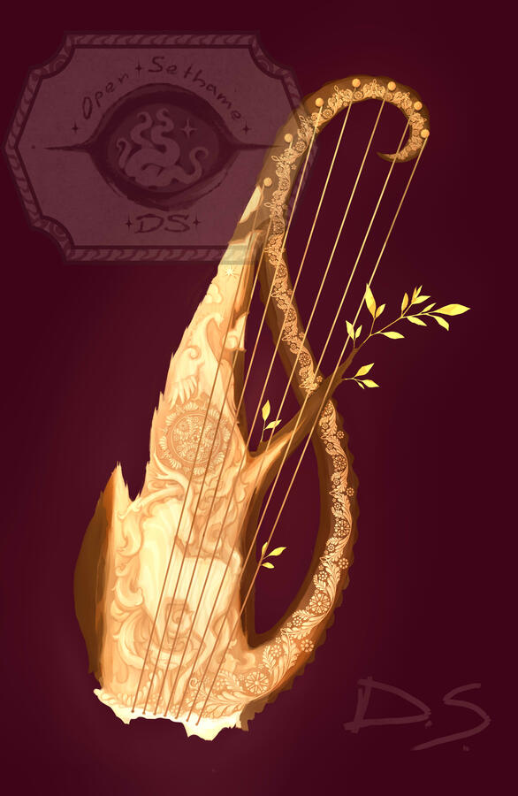 S tring instrument reminiscent of kobza, made out of living branch of a tree with whiteish wood and darker bark. the branch has it's natural look preserved but is intricately carved, showing a mythological looking scene
