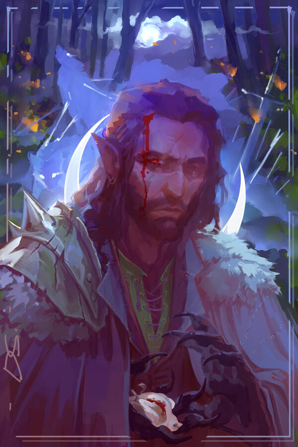 Moody blue-tinted portrait of a scruffy, bloodied werewolf holding a small dead bird in his cupped wolf-like paws. There's a crescent moon behind his head like a halo and the background is a night forest during a hunt on wolves