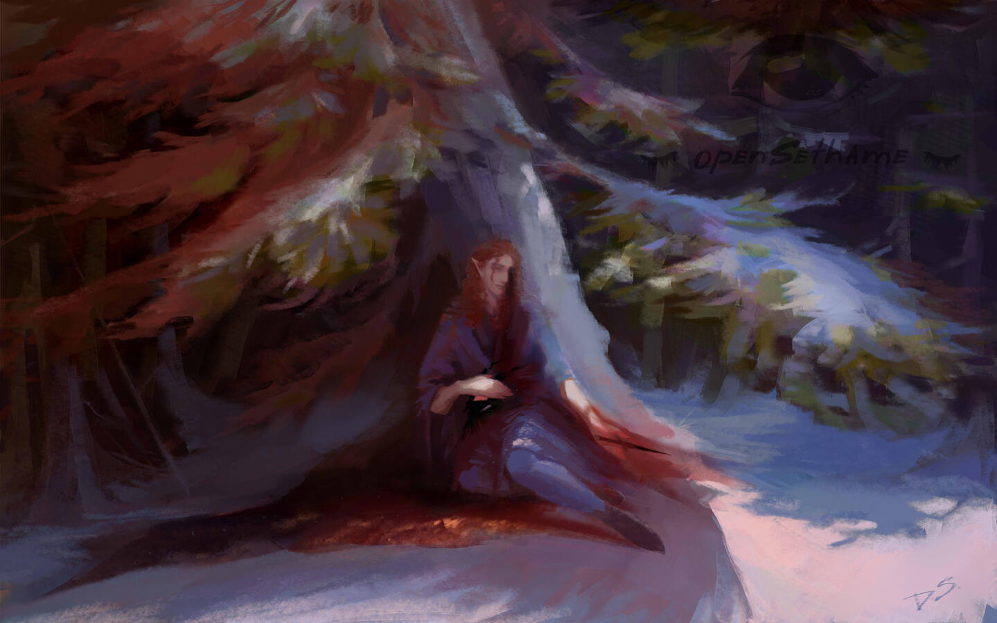 Androgynous elf is sitting slumped against a tree in a snowy forest clearing, looking exhausted. Their left eye socket is empty, weeping black blood. He is holding a dark bloody dagger in one hand, the other resting on a black dragon mask in their lap.