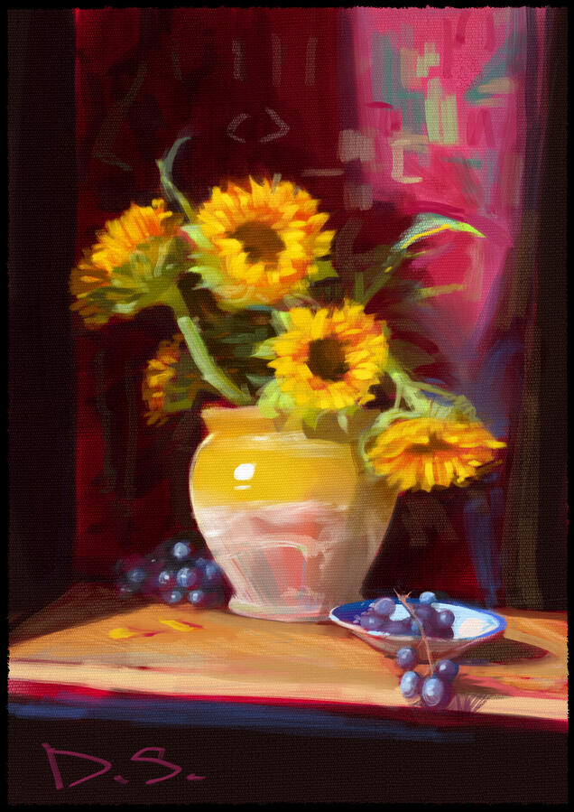 Brightly lit still life of a glazed ceramic yellow vase of sunflowers, a small white and blue ceramic dish and two bunches of blue grapes with magenta tapestry behind it.