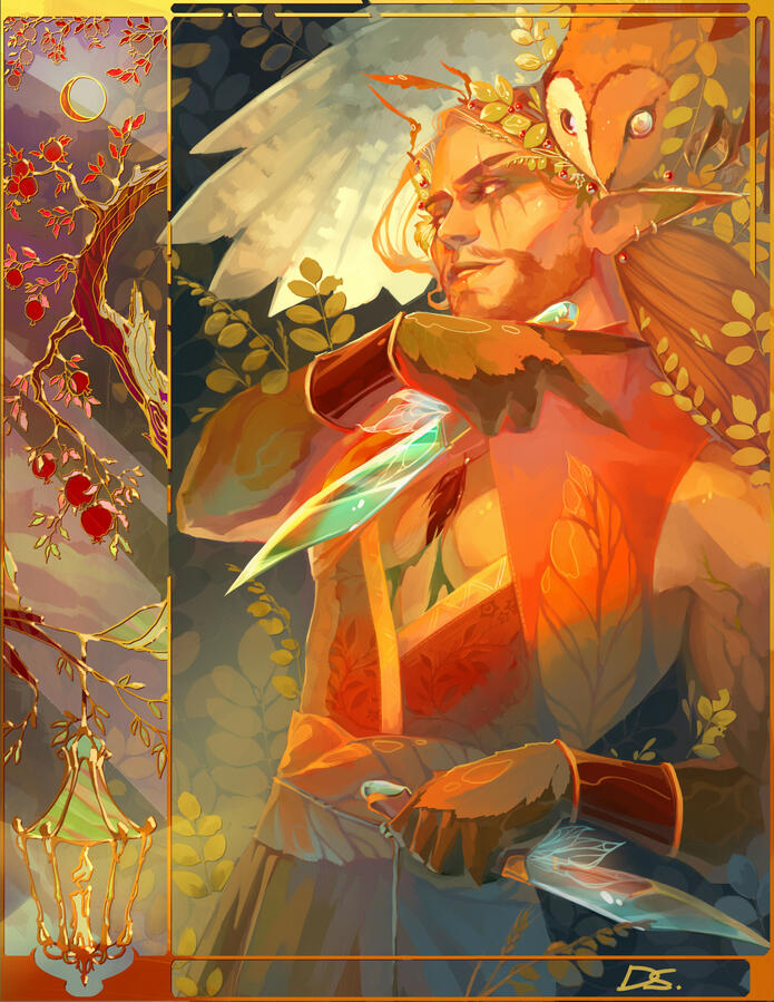 A half body art of an eladrin character and an owl surrounded by greenery. The piece is rendered in bright orange and yellow light and has an ornate stained glass-like frame.