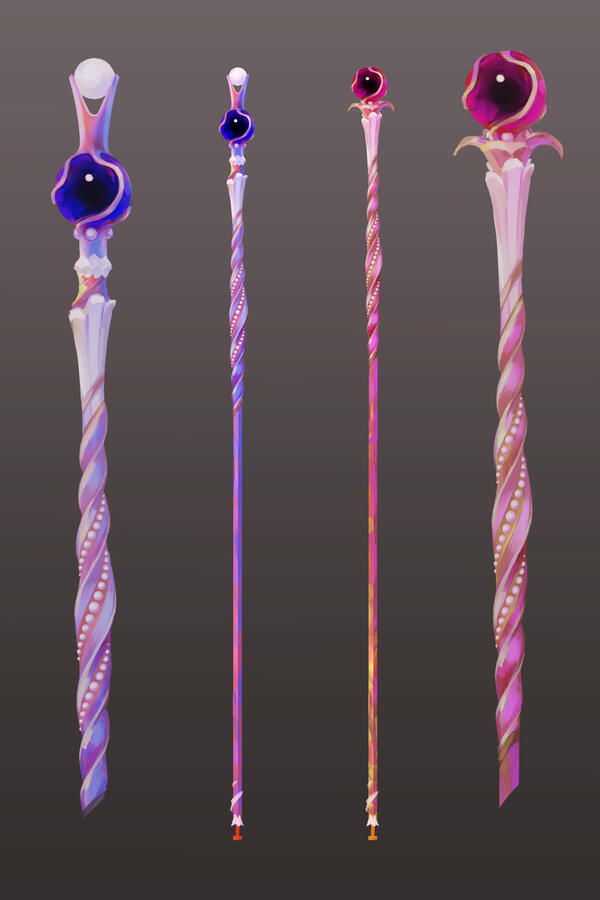 Two very ornate canes slightly varied in design, one purple and one pink