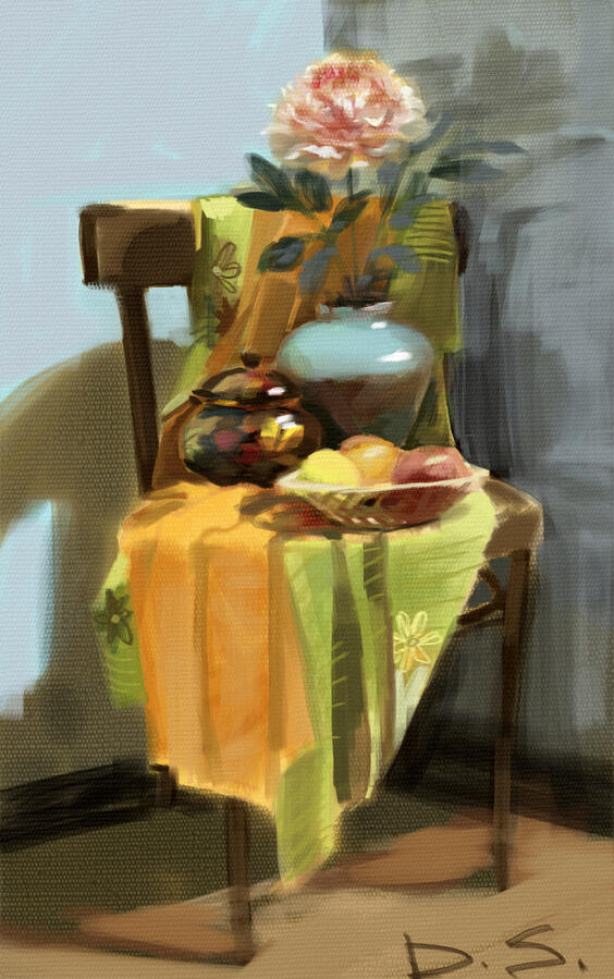 Painting study of a still life on a wooden chair, including glazed blue and brown ceramic vase with a large peony, a small black lacquered pot with floral folk design and a woven bowl of fruit over yellow and green drapes