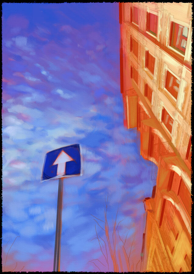 An impressionist paining of a road sign and some Ukrainian architecture against a blue sky