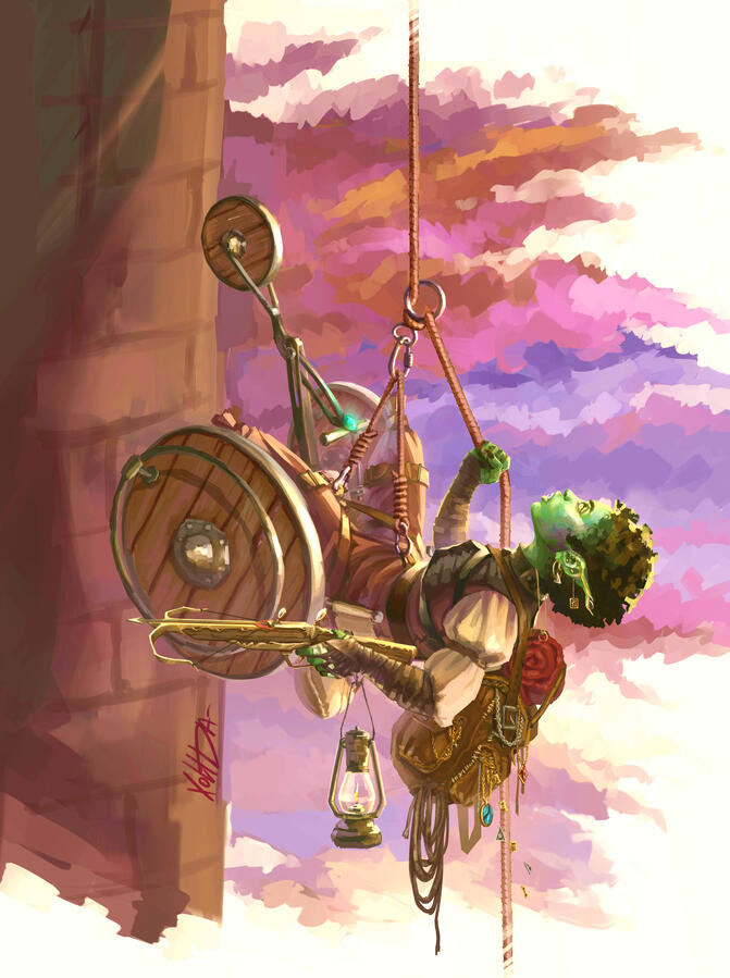 illustration of a goblin rogue in a modified wheelchair rappelling down a straight tower wall with a backpack spilling coins