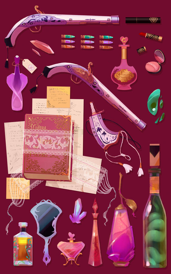 Inventory of items arranged on a dark magenta background, including 7 potions, two silver flintlock pistols and a matching powder horn, tricolor crystal bullets, a silver mirror, some makeup (lipstick, mascara and powder), and a book with a pink cover