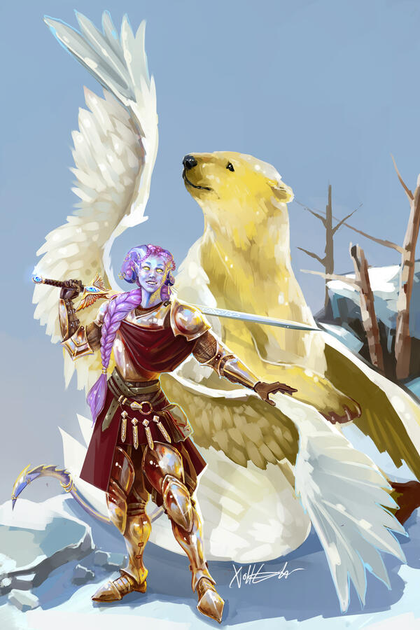 Full body illustration of a winged tiefling in full gold armor and a golden bear on a snowy vista
