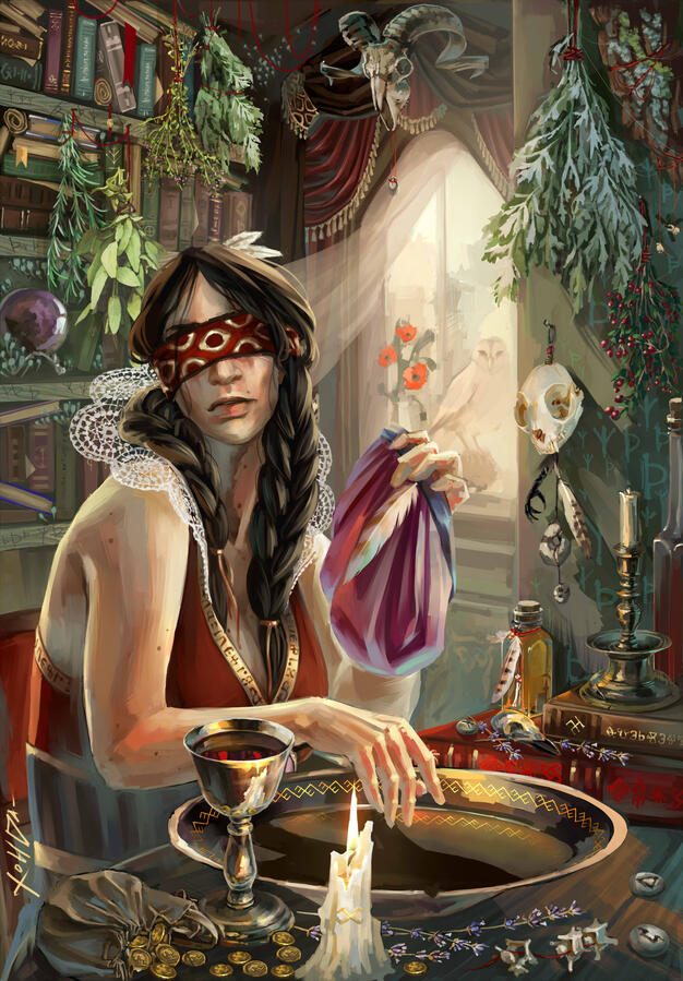 Painting of Philippa from Witcher series, sitting in a bright and cluttered witchy den above a scrying pool, holding a magenta beret with a feather.