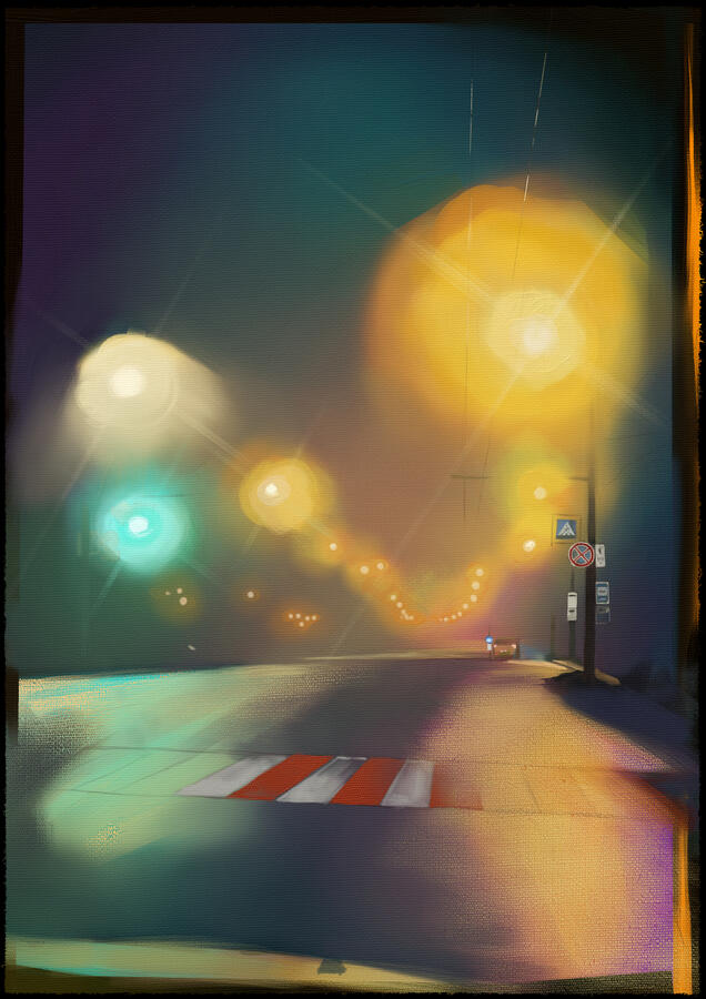Painting of an empty night road as viewed through a window of a car, styled to look like an analog photo